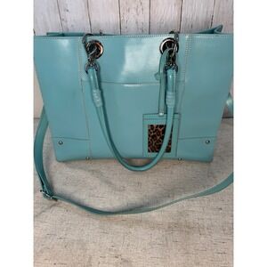 Wilsons Leather Turquoise Tote Shoulder Bag Crossbody Leopard Lining Insert